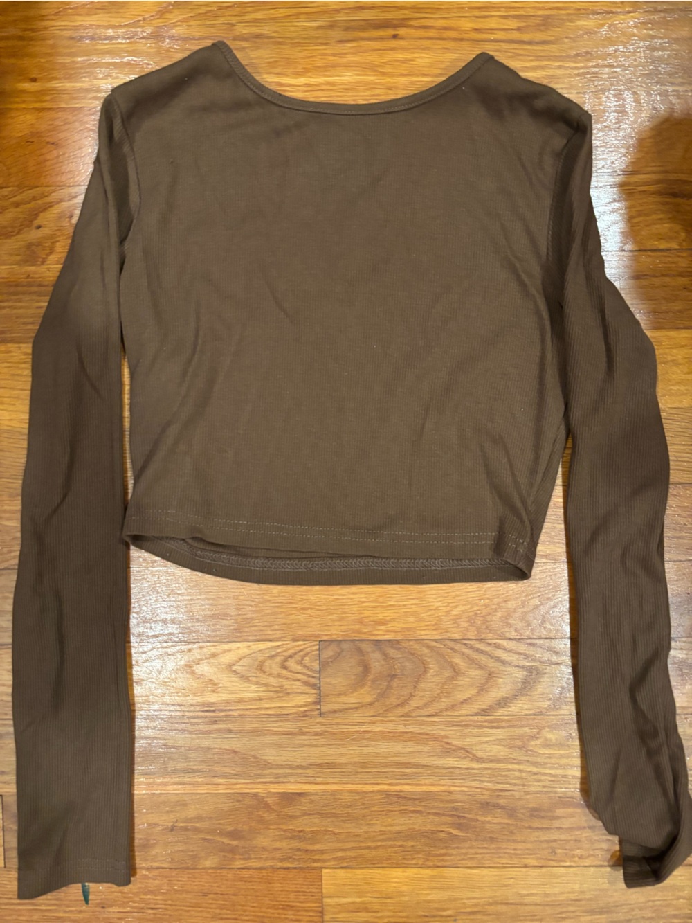 Long Sleeve Ribbed Crop Top - Brown